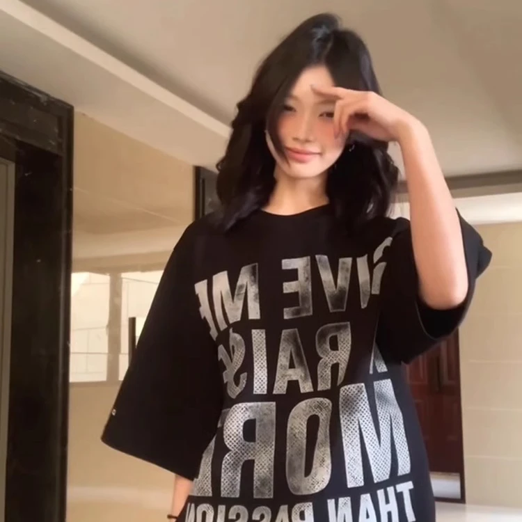 大码女装国潮美式大廓形太空棉短袖国潮美式宽松圆领五分袖半袖