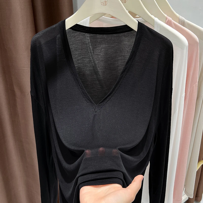 黑色大v领薄款长袖套头T恤打底衫女夏季高档洋气宽松显瘦薄款上衣