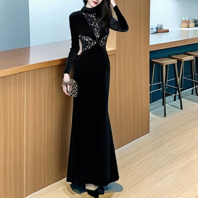 2024新款连衣裙气质长袖时尚秋冬裙子显瘦打底黑色长款修身70610