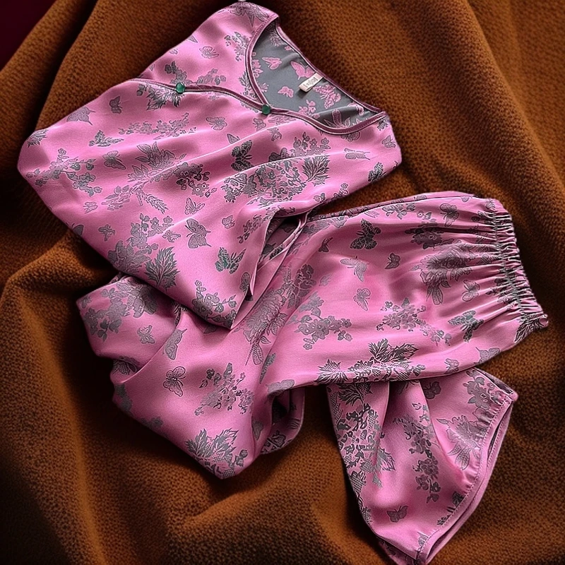 国风新中式冰丝睡衣女2025高级感提花轻奢家居服套装薄款春夏秋款