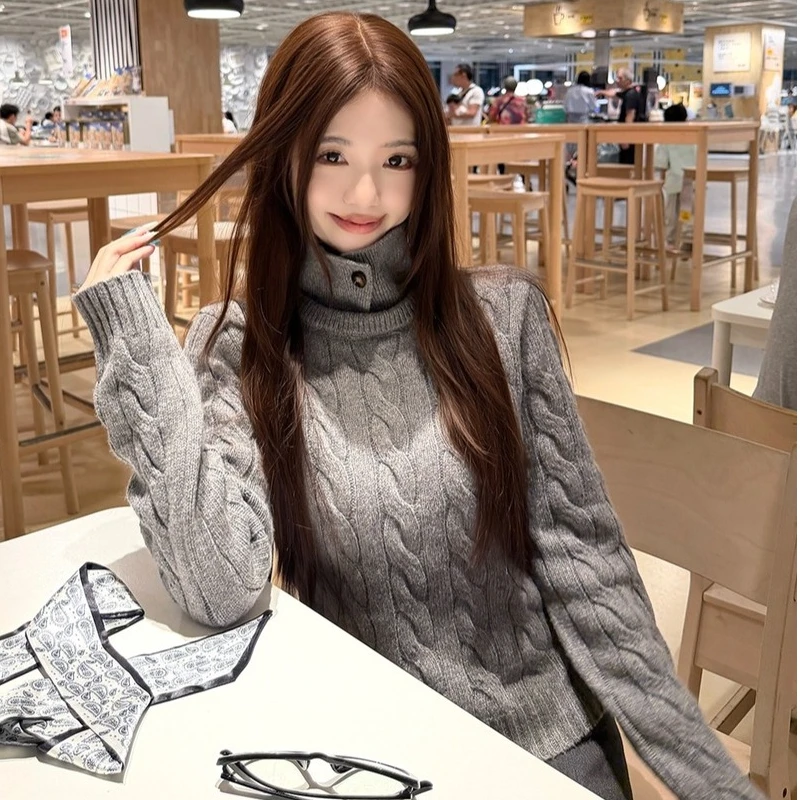 学院风花灰色麻花针织衫设计感高领毛衣女装冬季宽松显瘦打底上衣