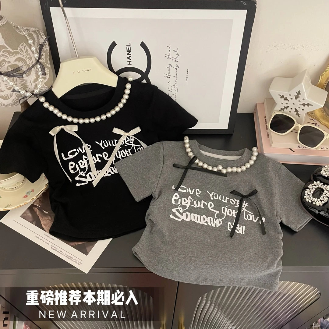 女童夏装短袖T恤2025夏季新款中小童韩版圆领珍珠蝴蝶结百搭上衣