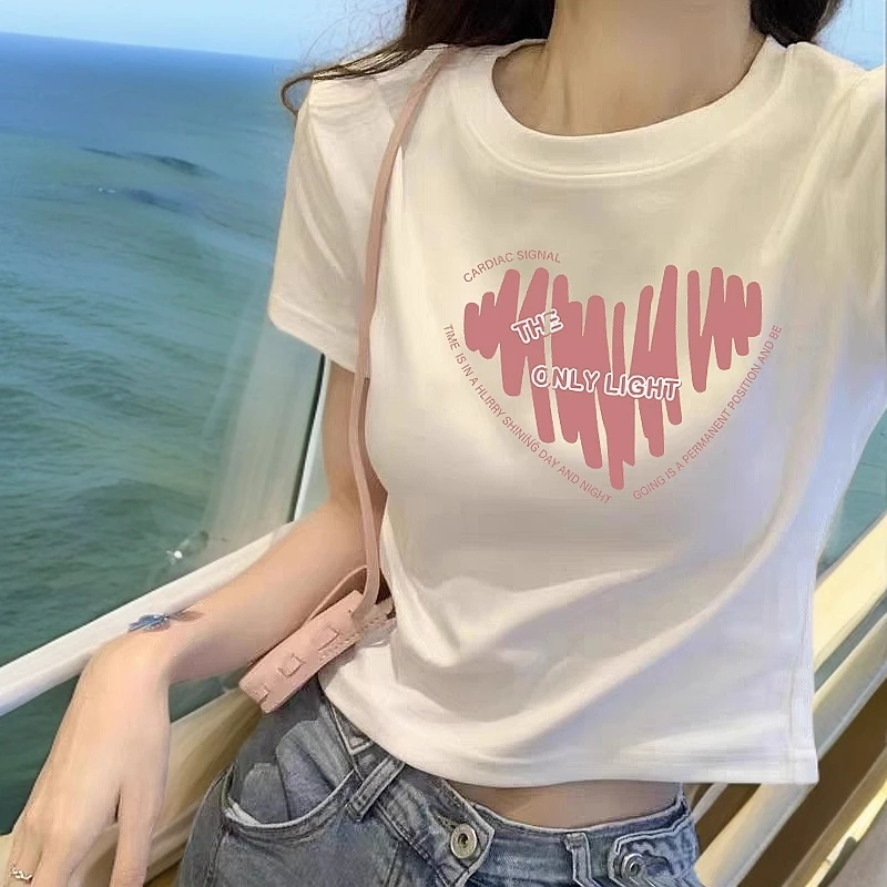 2025新款正肩短款t恤女夏设计感短袖宽松高腰体恤白色显瘦上衣潮