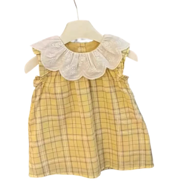 法式复古黄格纹女宝刺绣翻领刺绣裙子飞飞袖公主2025年款衣服儿童