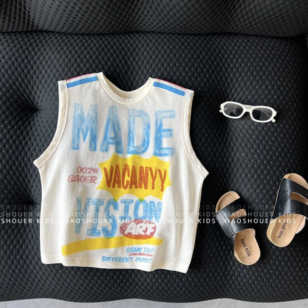 夏季儿童卡通背心男女童个性印花百搭纯棉薄款韩版无袖t恤时髦潮