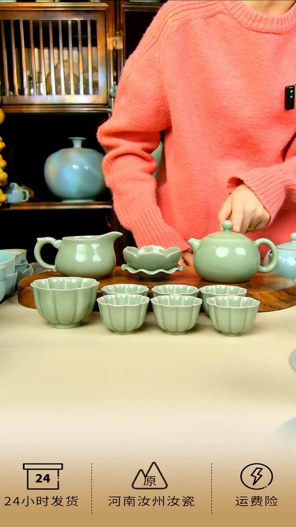 全手工豆绿釉西施壶套装