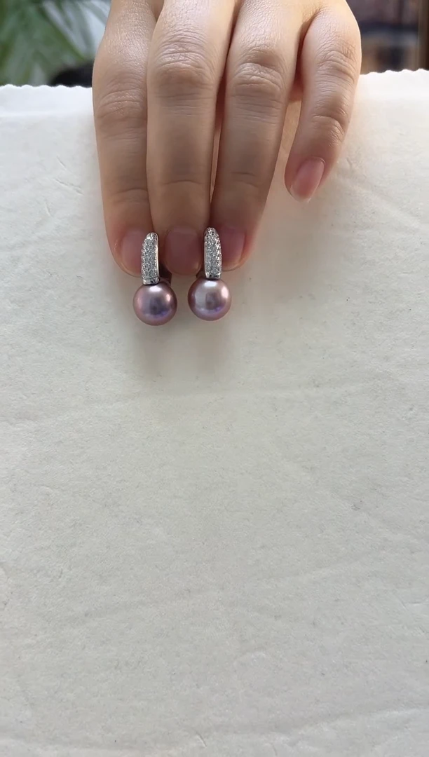 银S925镶嵌耳饰淡水珍珠11-12紫色水桶钻