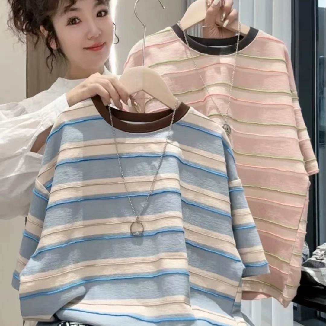 【亲子款】2025夏季新款时尚百搭条纹短袖潮流休闲洋气上衣T恤