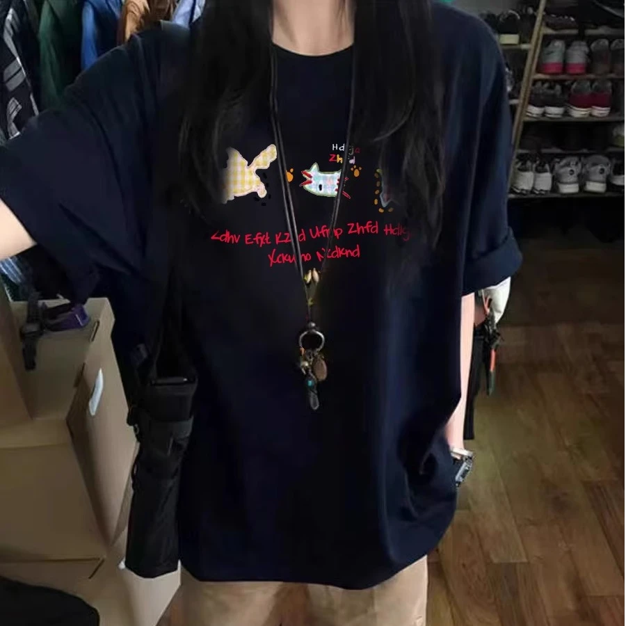 纯棉正肩藏青色短袖t恤女夏季2025新爆款设计感小众宽松美式上衣