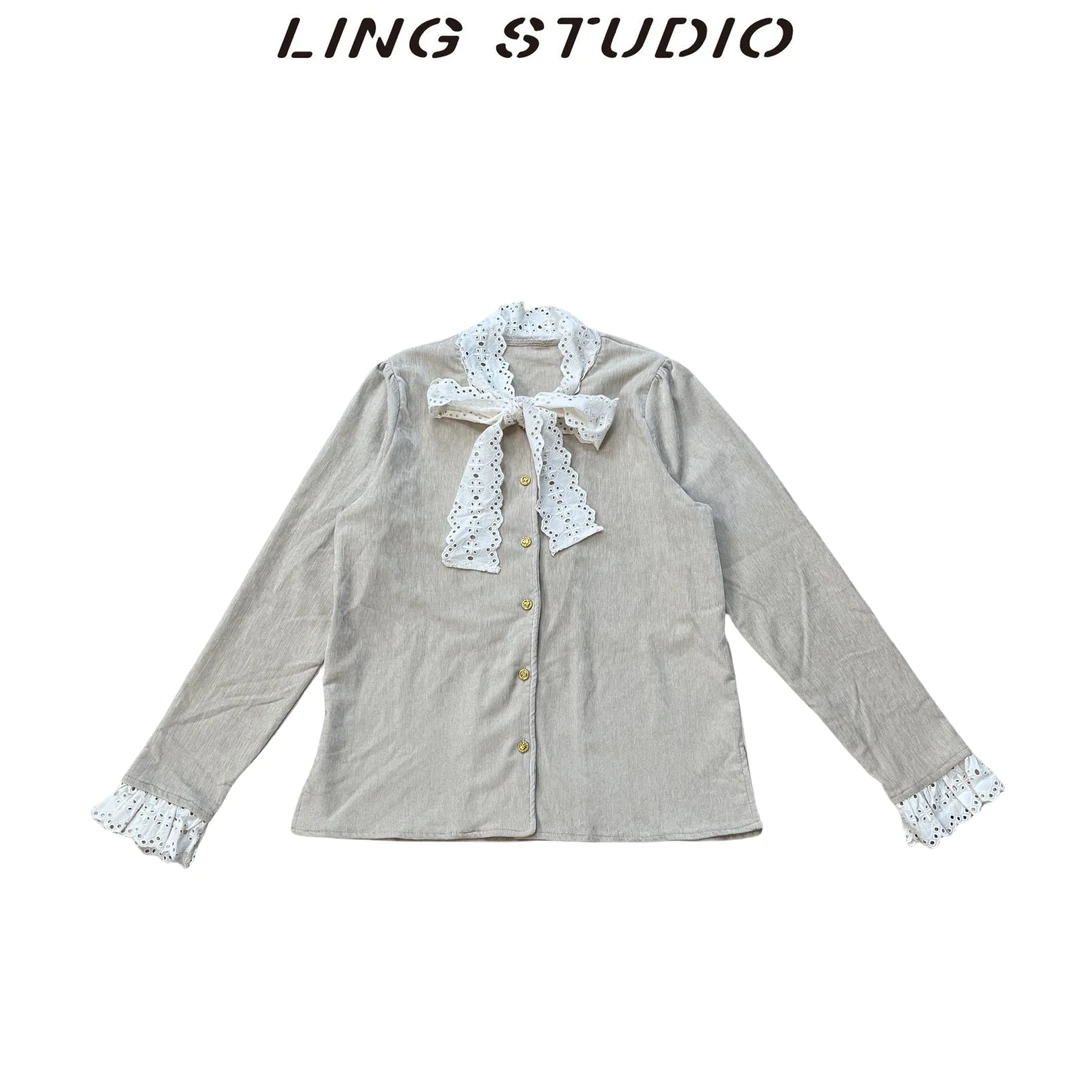 3120936-零零-法式高级高蕾丝系带蝴蝶结衬衫上衣