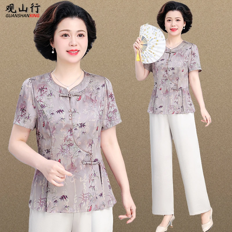 新中式国风妈妈夏装短袖雪纺衫两件套2025新款中老年女装休闲套装