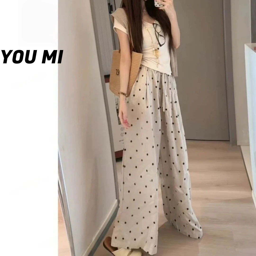 【韩代波点裤】韩单夏日苎麻原色高级奶茶休闲阔腿裤女裤子显瘦9888
