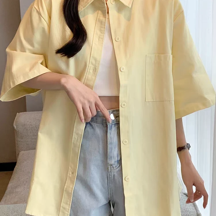 全棉短袖衬衫女复古设计感纯棉黄色衬衣外套2025新款夏季休闲上衣