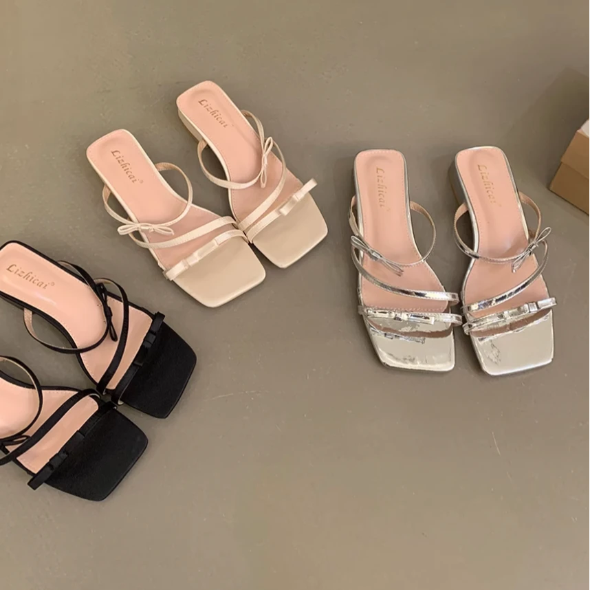 JX~2025新款露趾小众设计方头粗跟一字拖平底凉拖鞋女夏外穿