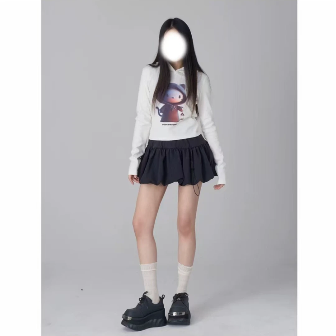 胖鹅张~美式复古卡通猫咪印花连帽修身短款卫衣#1086