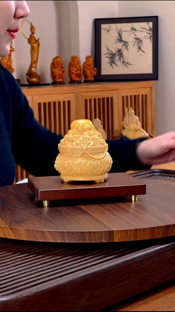 木《聚宝盆》黄杨木摆件