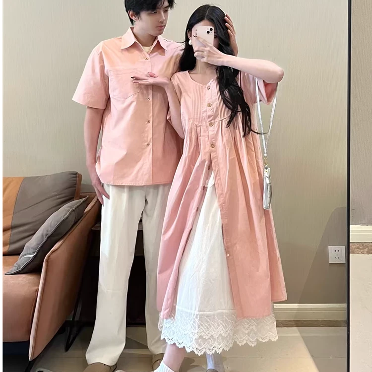 粉色衬衫连衣裙夏季2025新款小个子设计感开叉叠穿长裙套装88060