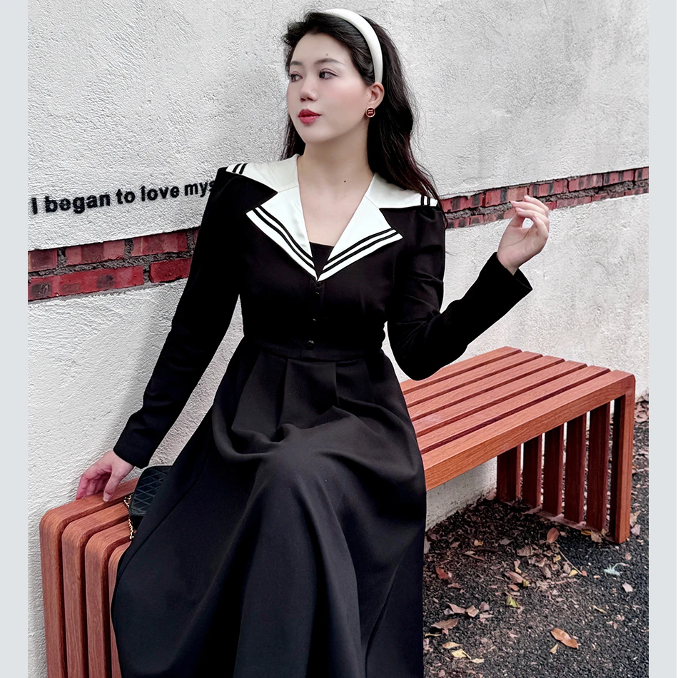 （清货）海军领学院风减龄连衣裙大码法式气质收腰显瘦小黑裙1595