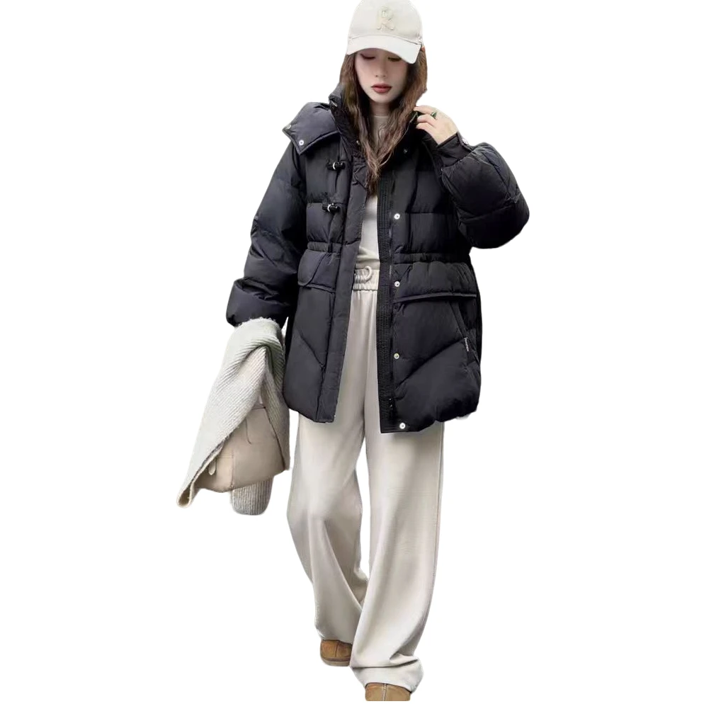2024冬新款羽绒服女中长款连帽牛角扣加厚宽松时尚保暖白鸭绒外套