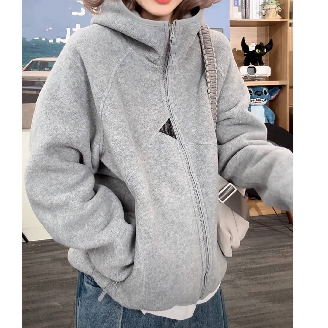 立体剪裁双重保温摇粒绒连帽外套女2025新款秋冬设计感灰色上衣