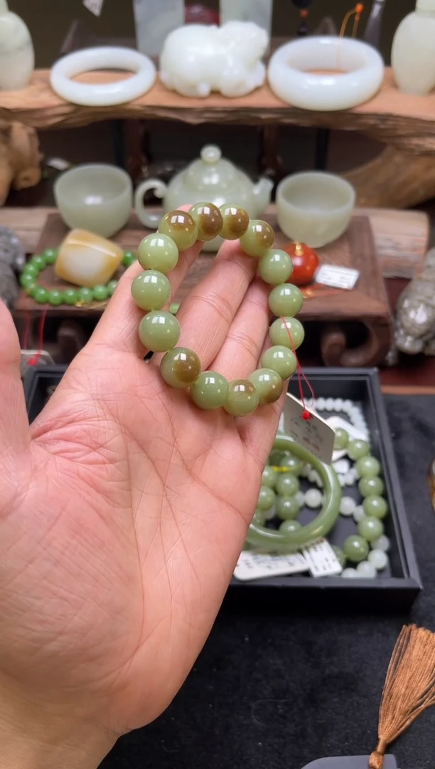【闪购商品】和田玉手串未镶嵌若羌孙福洲带糖卡14圆珠