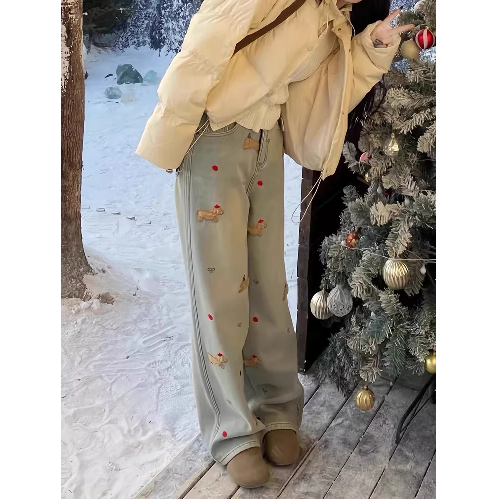 腊肠狗刺绣直筒牛仔裤女秋冬加绒加厚大码胖mm高腰宽松显瘦阔腿裤