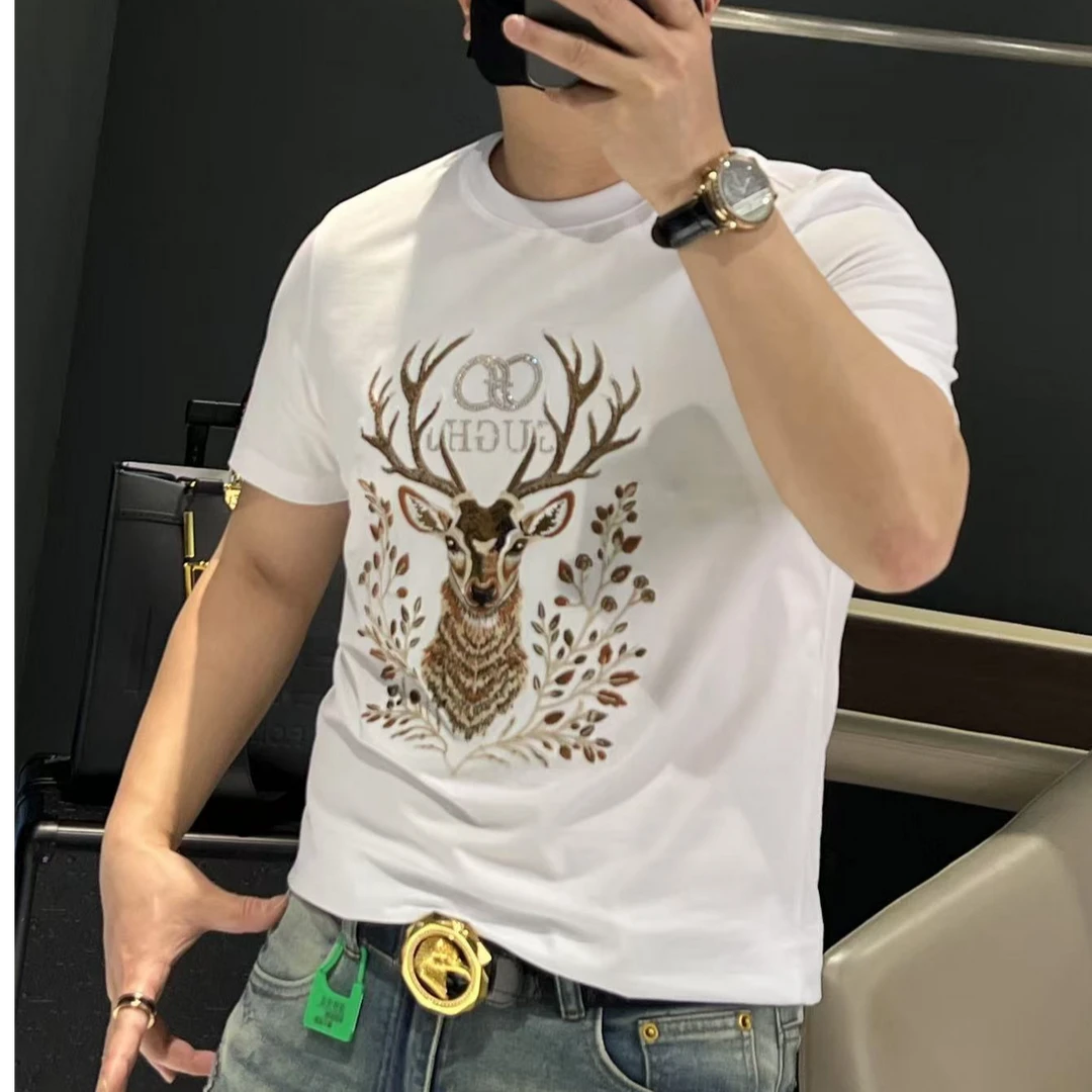 【马哥严选】2025夏季新款短袖欧洲站潮流休闲圆领个性修身烫钻透气