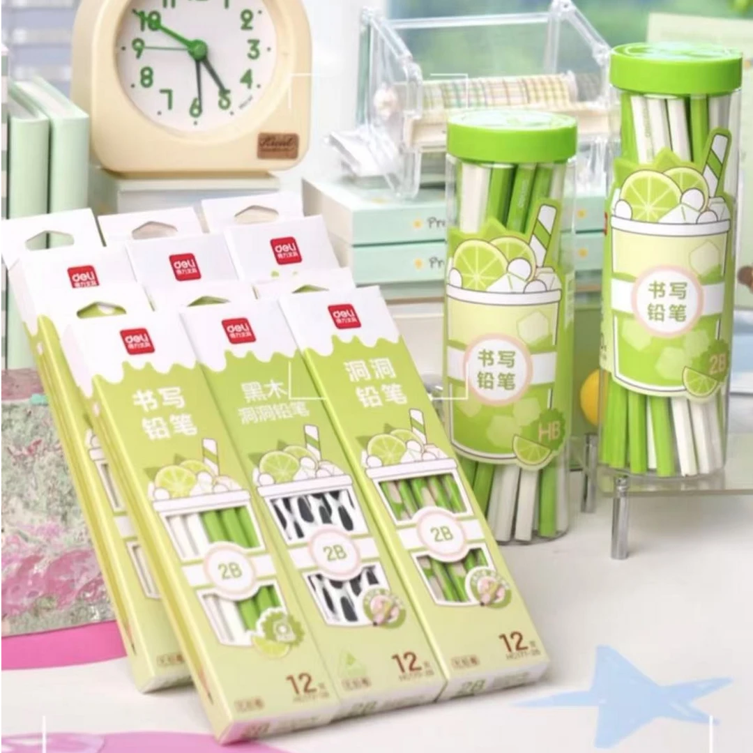 得力奶茶主题铅笔系列三角绿杆小学生一到三专用六角杆HB书写2B笔