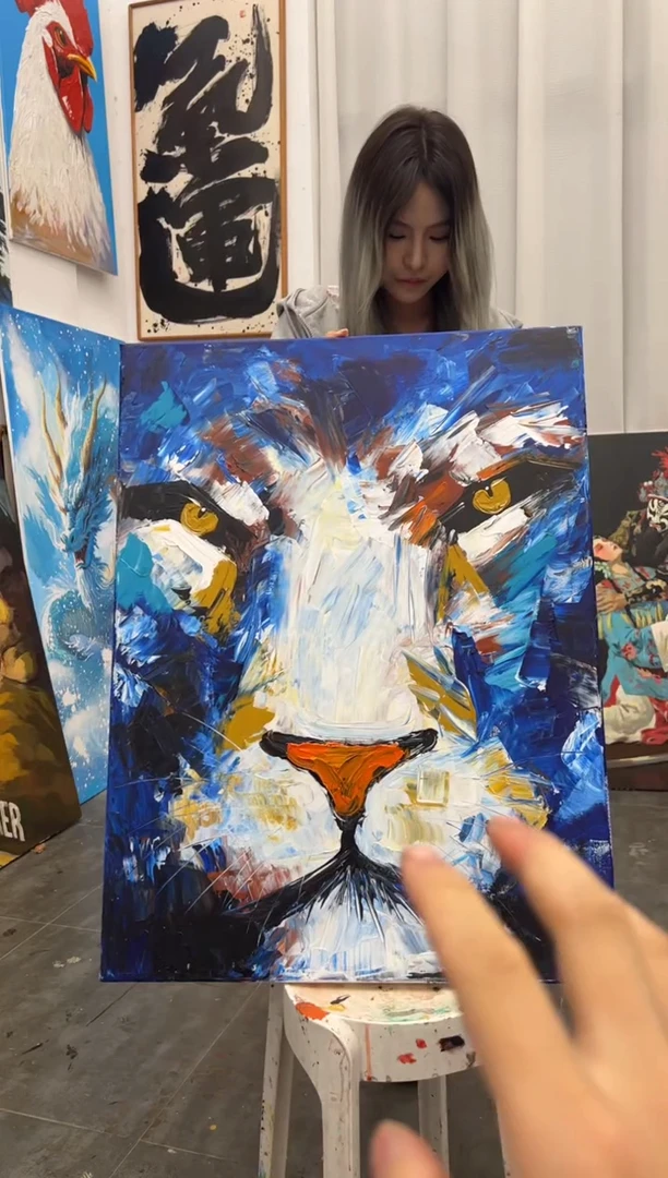 丙烯画懒羊羊老师刮刀狮子脸加框