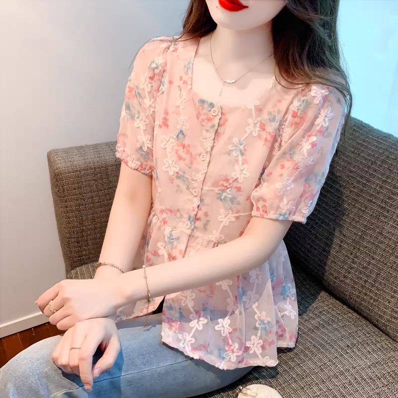 无品牌甜美方领碎花衬衫女夏季2025新款宽松遮肚子开衫上衣#11