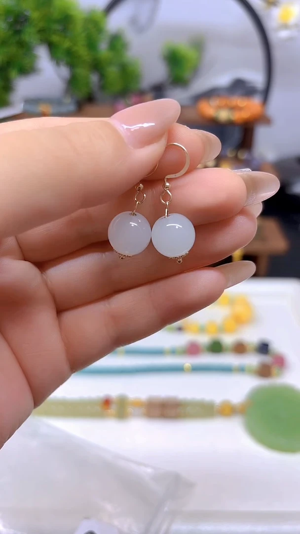 和田玉（白玉）14K金镶嵌耳饰E04