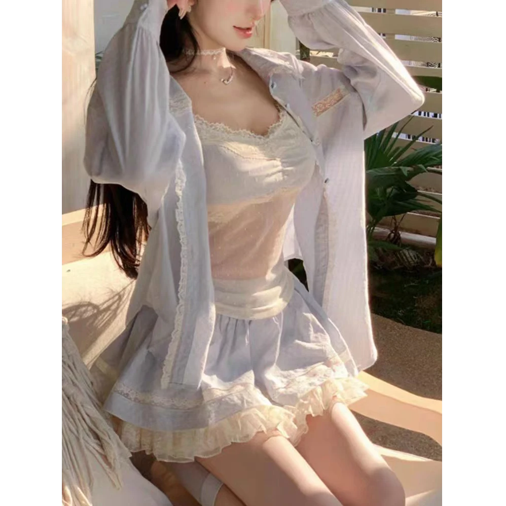 大码春季法式纯欲甜美蕾丝宽松衬衫镂空背心短裙套装10806