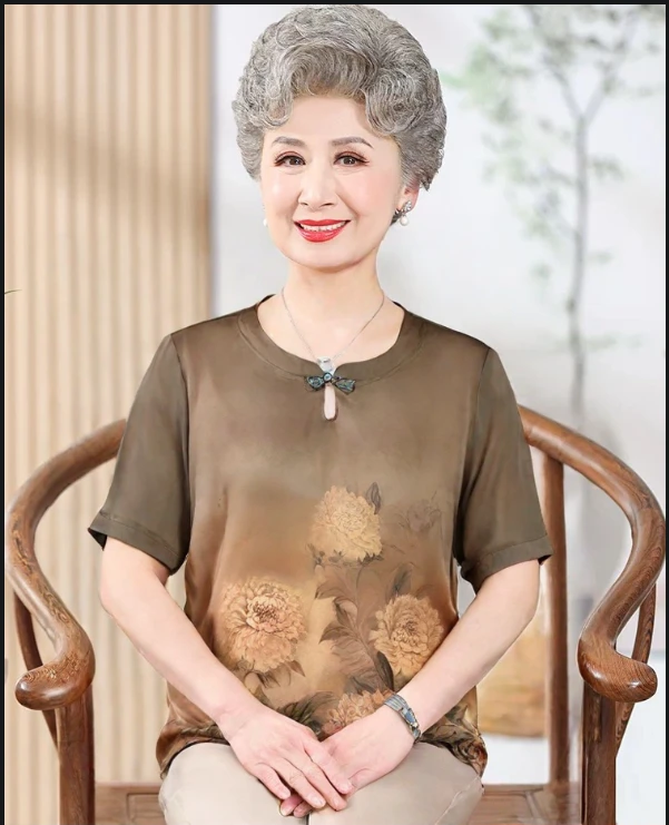 中老年妈妈装T恤印花小衫国风盘扣宽松上衣气质时尚休闲夏季