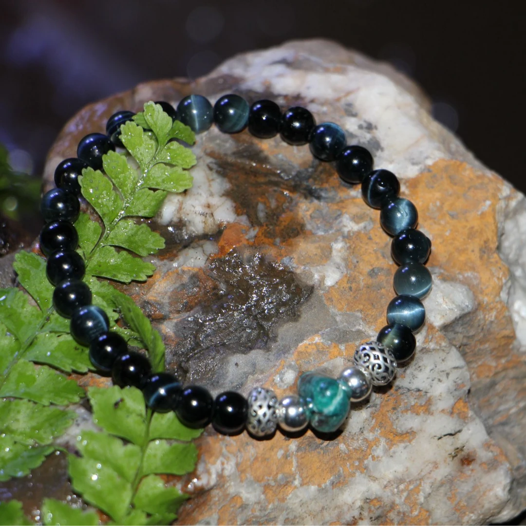 【渊渟】原矿绿松石配银珠银耀石手串原创设计孤品