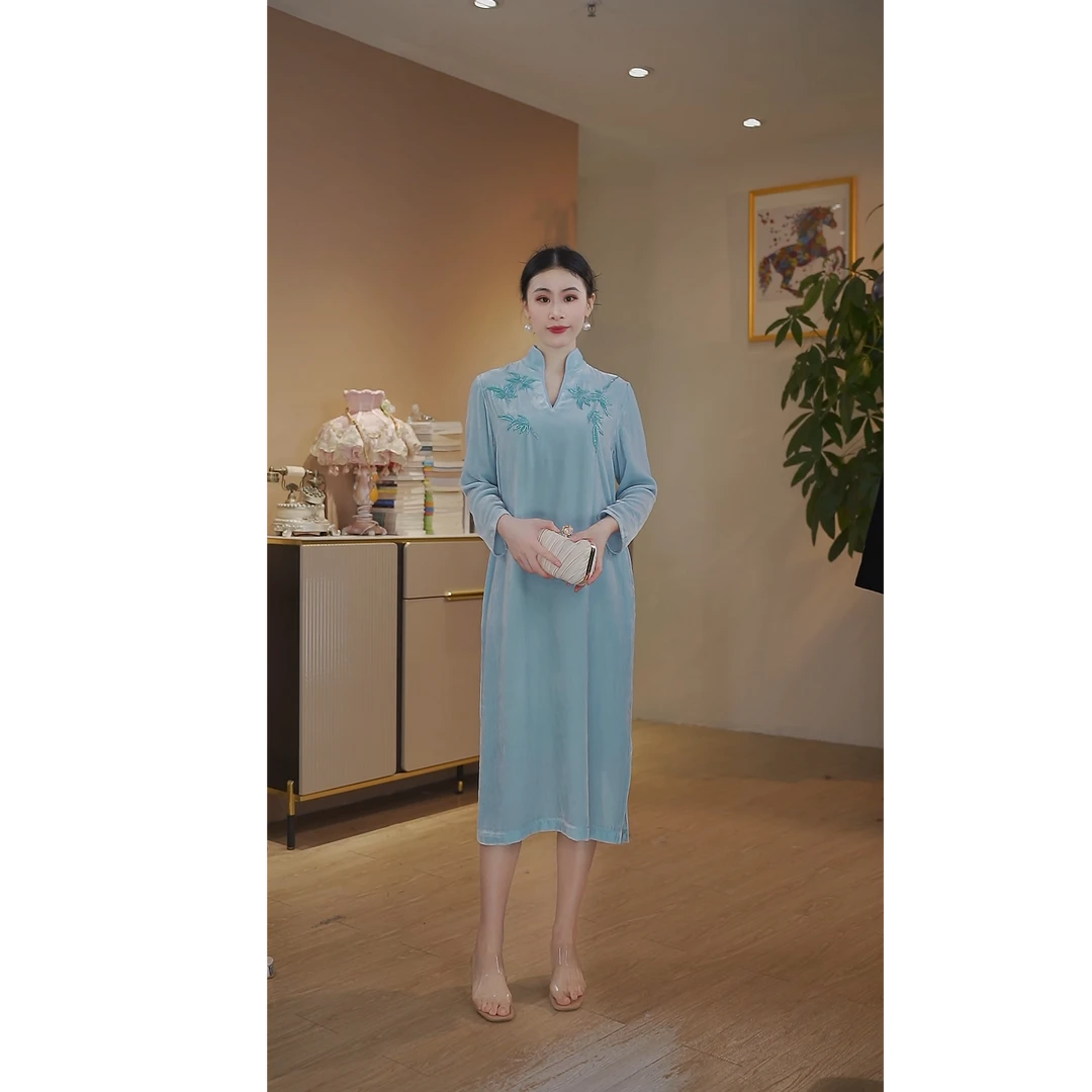 【七景】2025新款桑蚕丝丝绒连衣裙高端国风古韵风需干洗SL25292