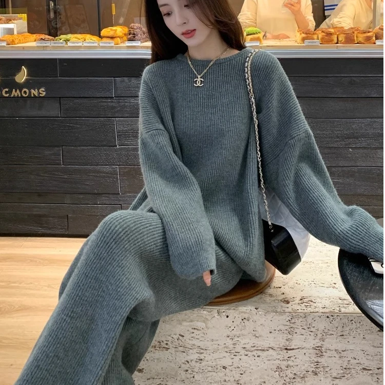 冬天穿搭套装女宽松显瘦慵懒风休闲高级感针织毛衣阔腿裤两件套