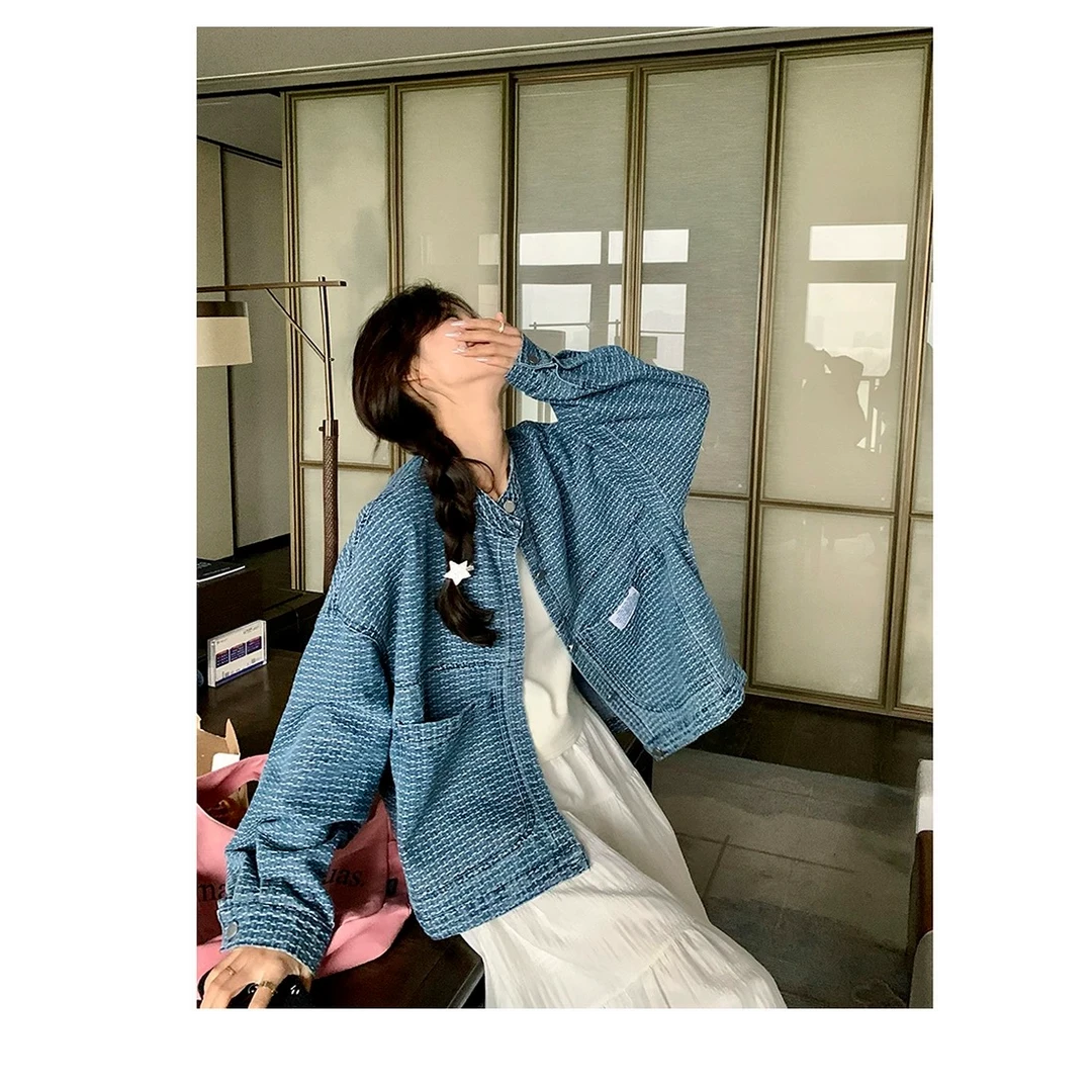 肌理感提花牛仔外套女春秋新款设计感小众复古港风宽松显瘦上衣