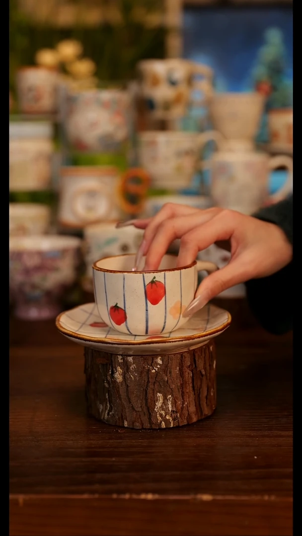 粗陶手绘釉下彩杯碟一套