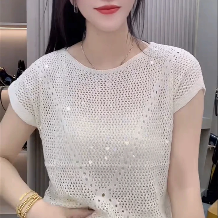 重工亮片镂空短袖圆领针织衫女2025新款夏季设计感透气精致上衣潮