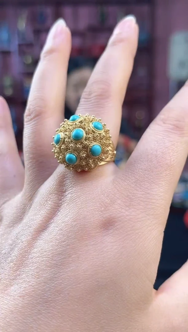 非遗技艺 花丝镶嵌戒指 镀金 堆松 蓝绿