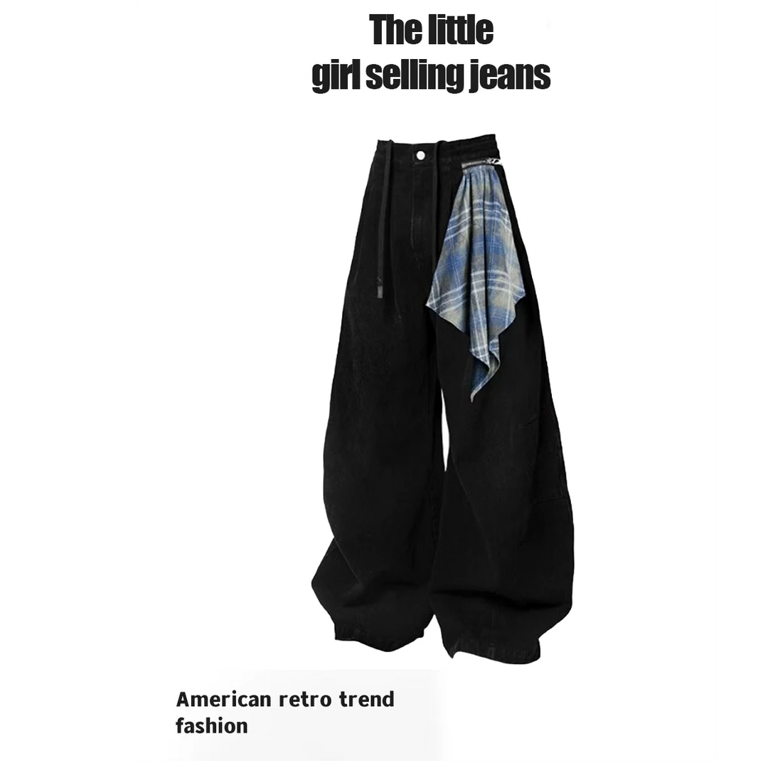 黑色弯刀牛仔裤女拉链可拆方巾设计感镰刀裤宽松高腰阔腿裤子