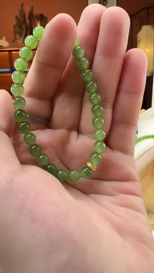 【闪购商品】和田玉（碧玉）手串18K金镶嵌俄料猫眼碧玉6mm