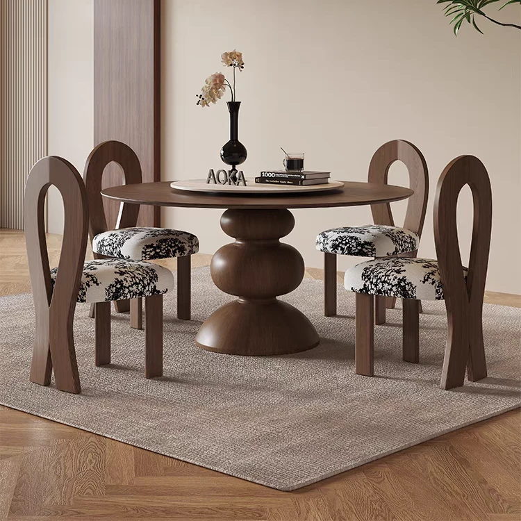 『佛山家具溯源』复古风全实木岩板餐桌椅组合圆形桌饭桌椅组合