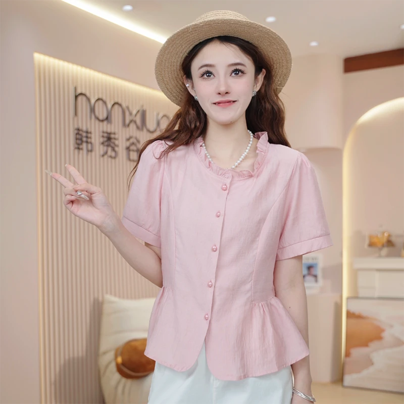韩版洋气气质时尚百搭短袖圆领衬衫女2025夏新款显瘦减龄上衣H865
