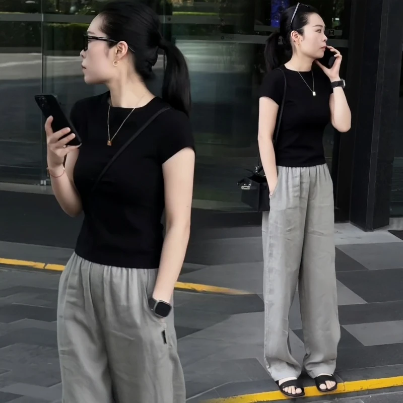 拉夏贝尔小个子时尚套装女夏季新款短袖T恤显瘦阔腿裤休闲两件套