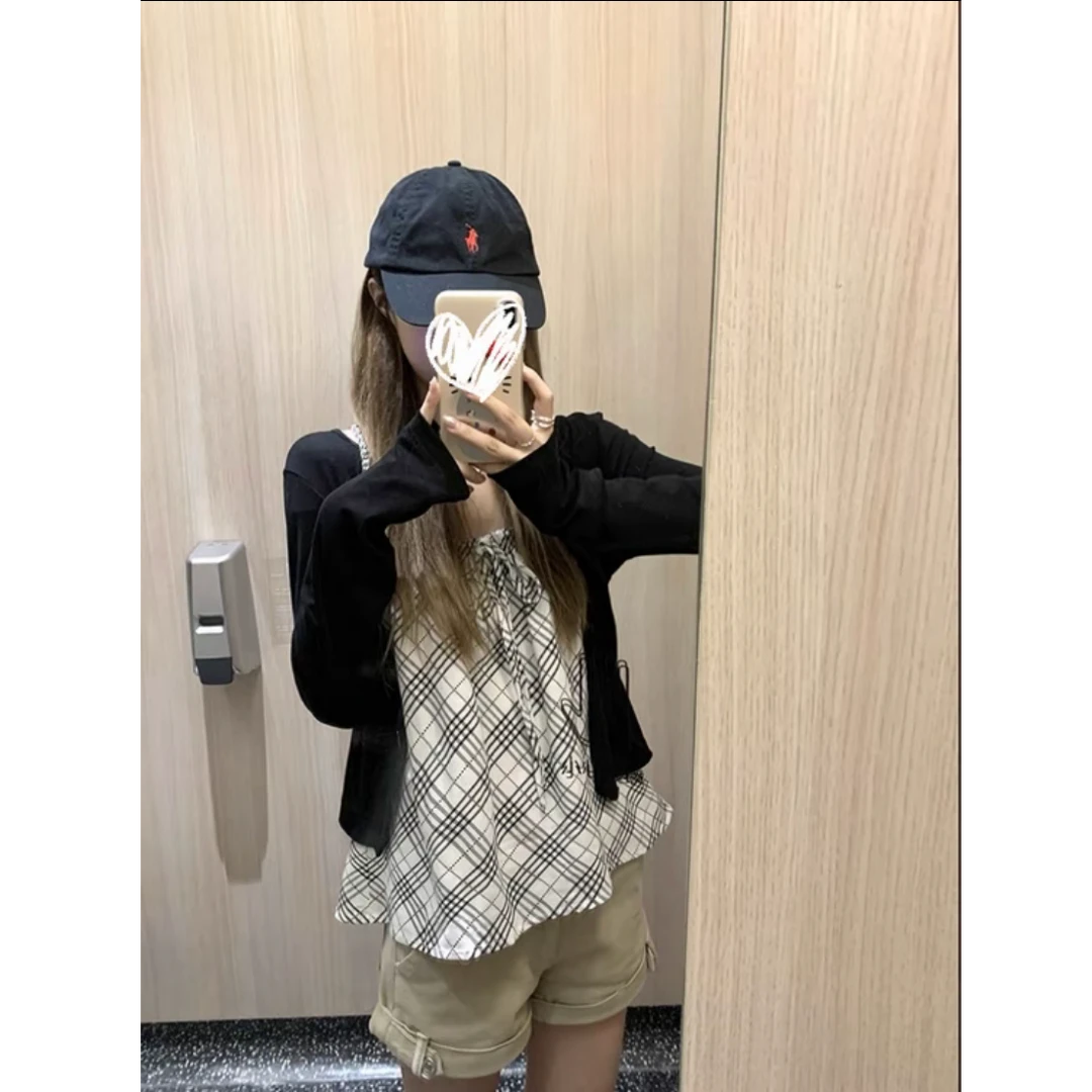 2025夏季少女白底格纹抹胸吊带设计感小众无袖吊带开衫两件套装