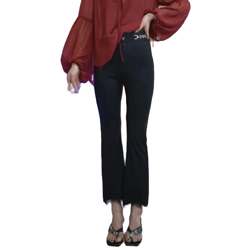 设计师时尚女士显瘦气质垂感超薄显瘦脚口网纱潮流修身九分裤ML35