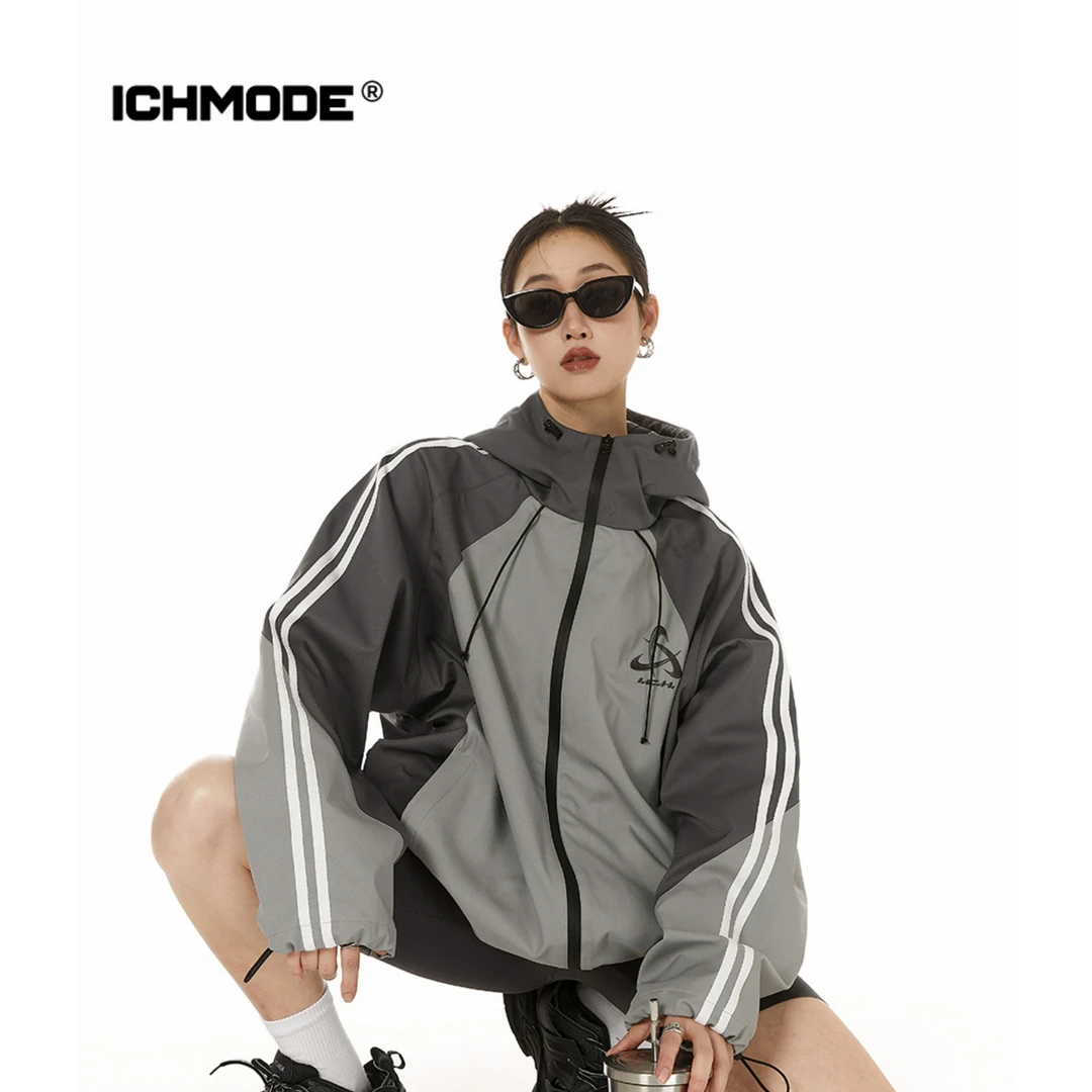 ICHMODE春秋宽松运动户外挡风机能夹克休闲情侣连帽滑雪运动风