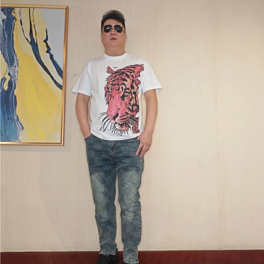 男士春夏大码印花时尚百搭复古潮流个性轻奢休闲牛仔裤大码男装FN