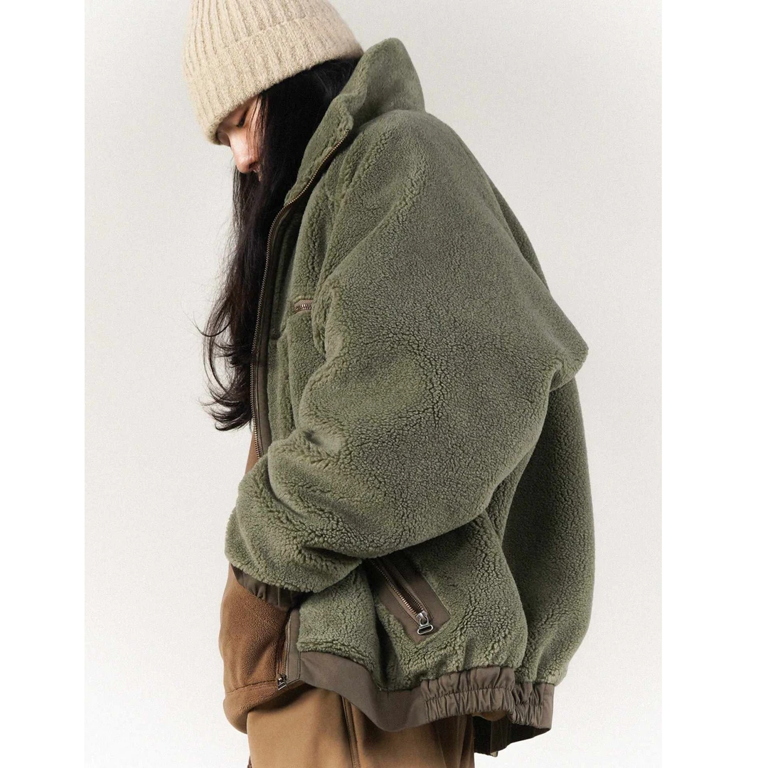 huntingold羊羔毛棉服重磅加厚日系复古宽松棉衣